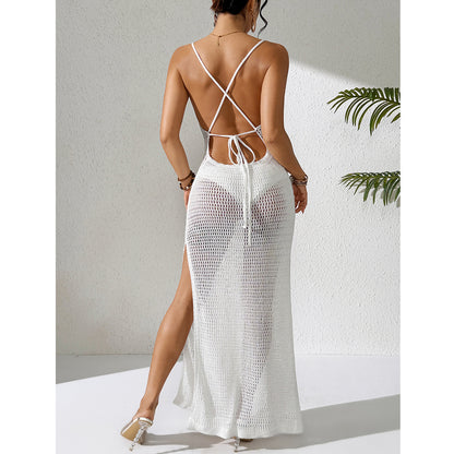 CYB dress hand crocheting flower halter lace-up side slit knitted dress