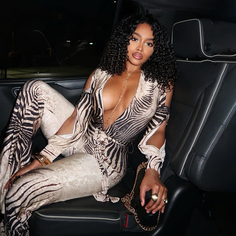 SXR autumn and winter deep V off-shoulder top high waist bootcut pants jumpsuit