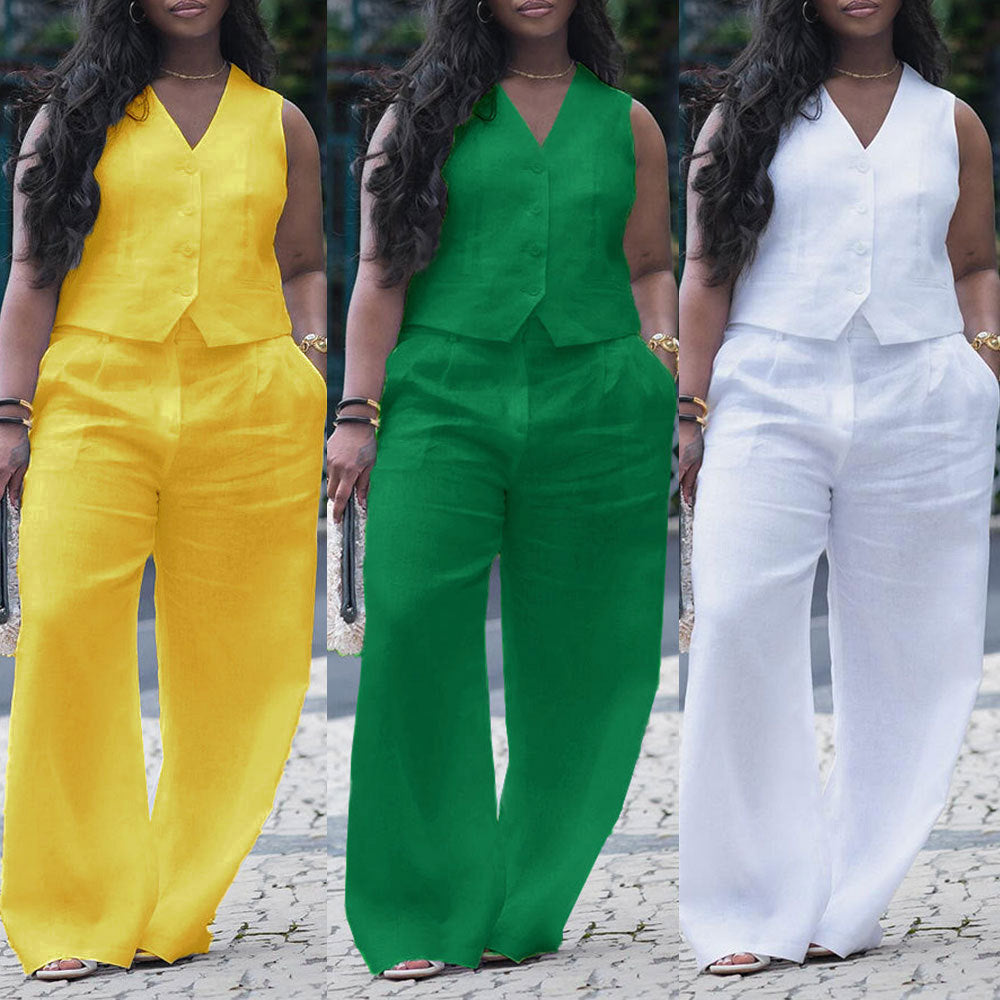 GY (S-3XL) S10896 V-neck vest wide leg pants suit