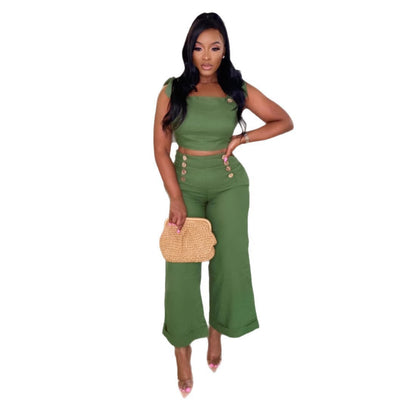 GY (S-3XL) S11081 strap smocking slim-fit wide-legged pants two-piece set