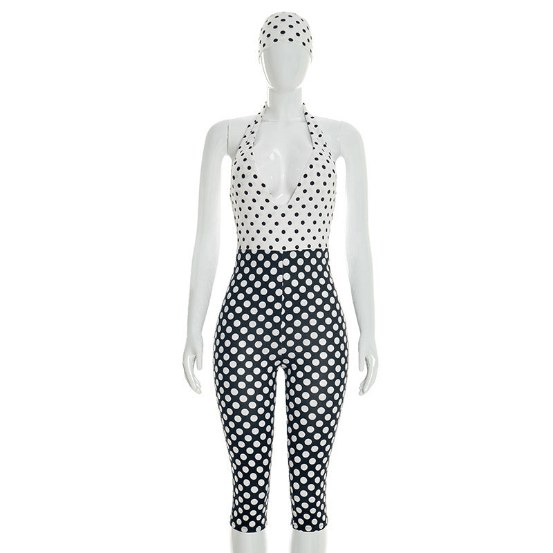 DZHT J26JP055 minimalist creative tight black and white polka dot jumpsuit