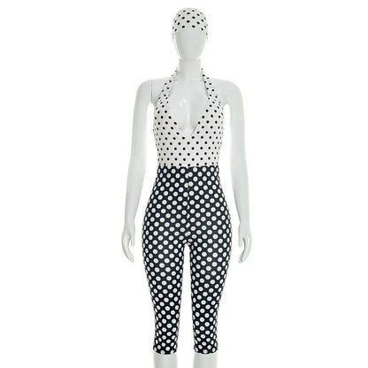 DZHT J26JP055 minimalist creative tight black and white polka dot jumpsuit