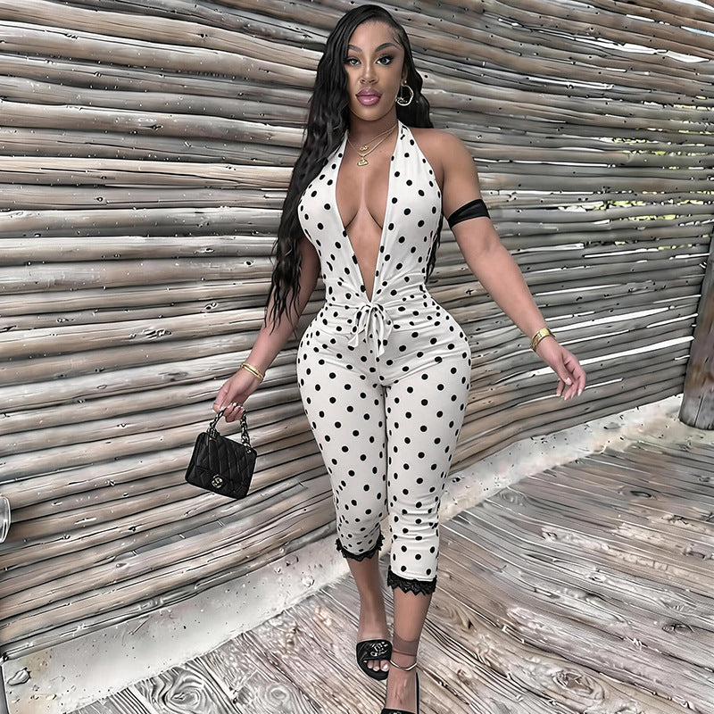 DZHT Q26JP118 polka dot halter backless rope waist lace jumpsuit
