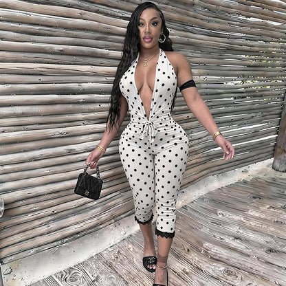 DZHT Q26JP118 polka dot halter backless rope waist lace jumpsuit