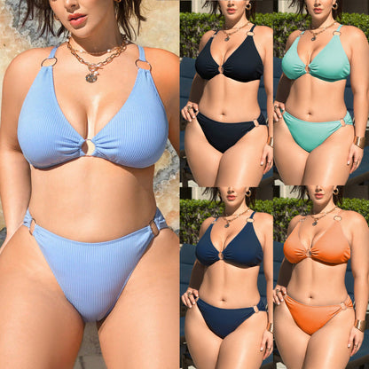 LF (L-4XL) 2026 swimsuit women's split sunken stripe printed plus size bikini