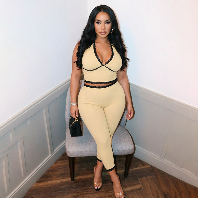 DZHT J26ST268 halter lace trim tight backless lace-up solid color rib cropped pants suit