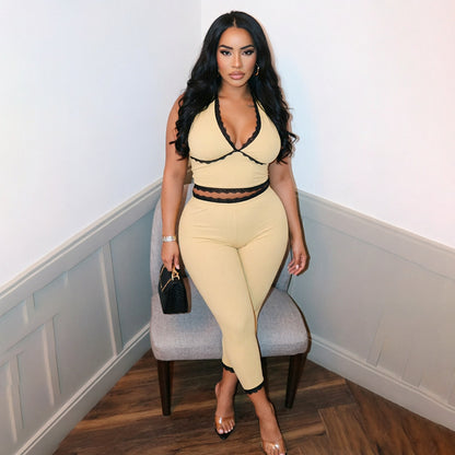 DZHT J26ST268 halter lace trim tight backless lace-up solid color rib cropped pants suit