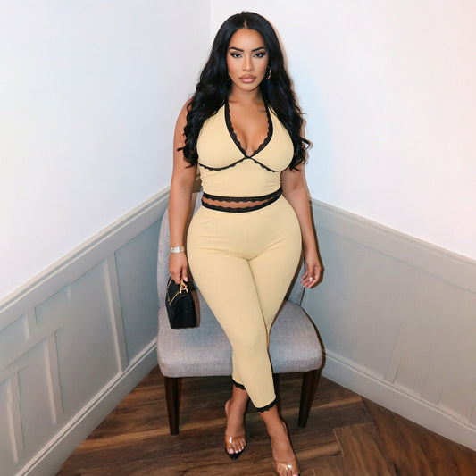 DZHT J26ST268 halter lace trim tight backless lace-up solid color rib cropped pants suit