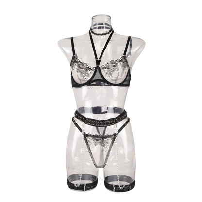 Lace hollow-out stitching see-through metal chain halter sexy lingerie