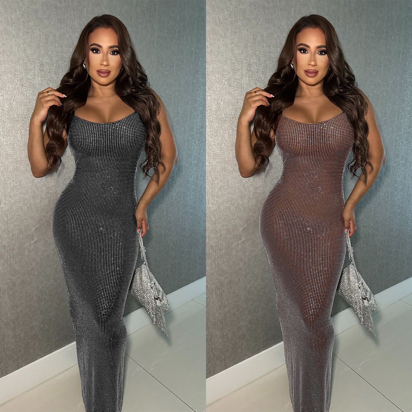 XYZ C7551 mesh hot drilling arm covering backless dress
