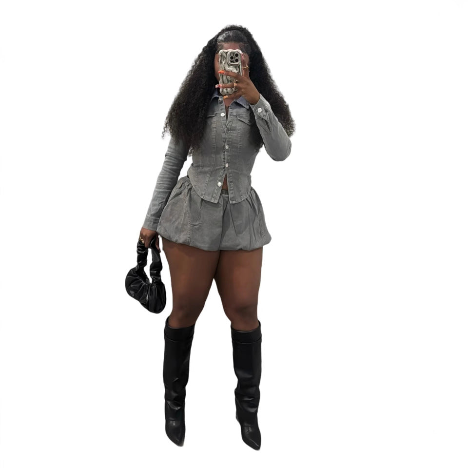 MZ (S-2XL) MZ88609 slim shirt stretch denim skirt