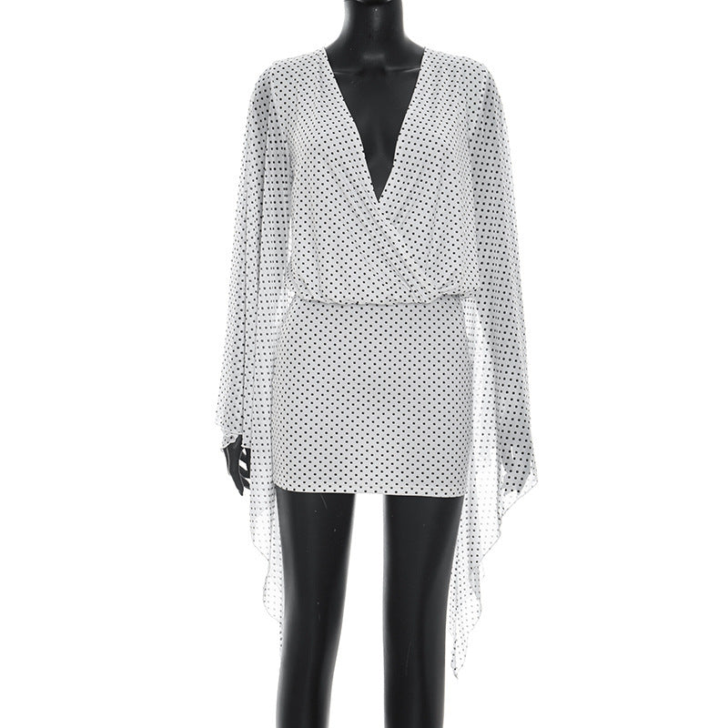 DZHT D26DS108 polka dot print mesh stitching long sleeves backless sheath dress skirt