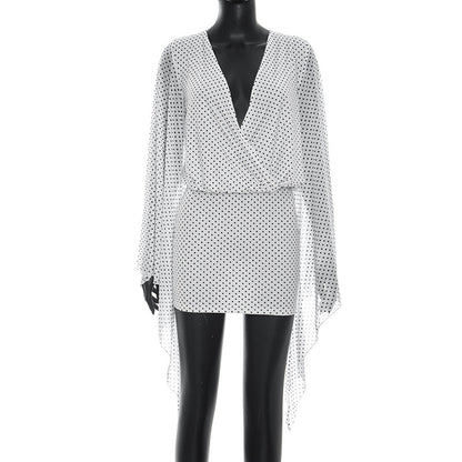 DZHT D26DS108 polka dot print mesh stitching long sleeves backless sheath dress skirt
