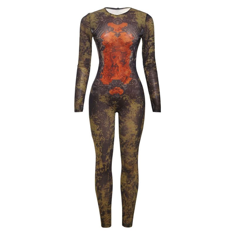 SXR summer printed mesh high waist long-sleeve zipper jumpsuit