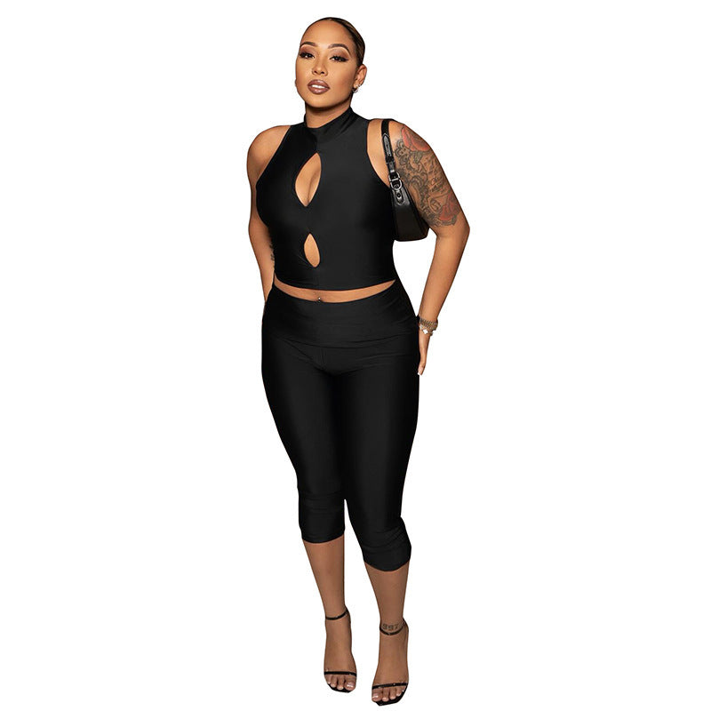 DZHT J26ST187 pure color half collar hollow out short vest double lining cropped pants two-piece set