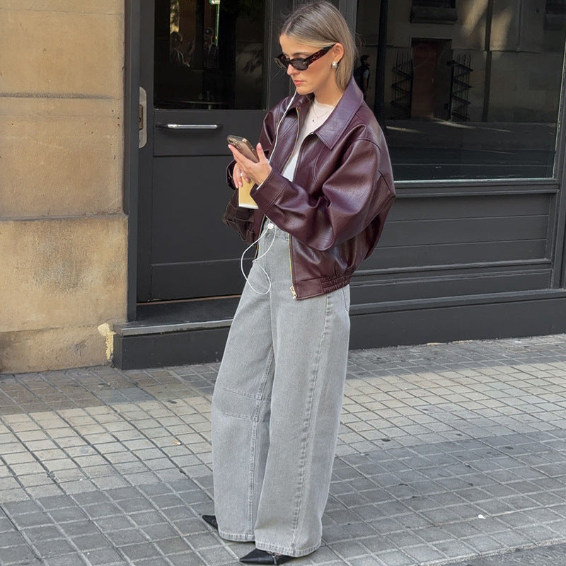 SXR fall and winter lapels zipper solid color casual poly urethane leather stitching long sleeve jacket