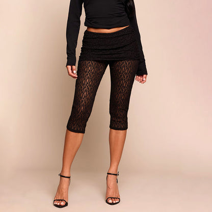 DZHT D26PT007 slim-fit slimming lace flip waist folding tight cropped pants