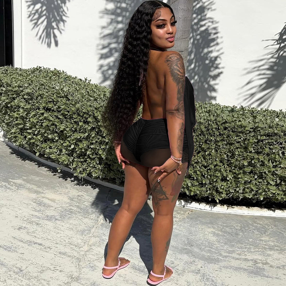SXR 2026 spring sexy deep V halter backless hip-wrapped short mesh dress