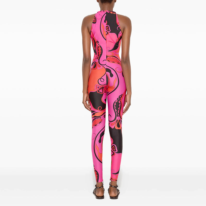 DZHT J26JP232 summer all-matching sleeveless skinny print long jumpsuit