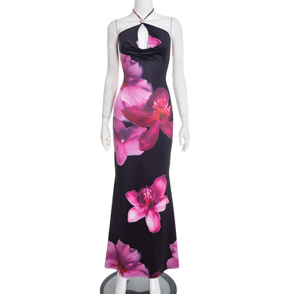 DZHT D25DS572 floral print cross-halterneck strap fishtail long dress