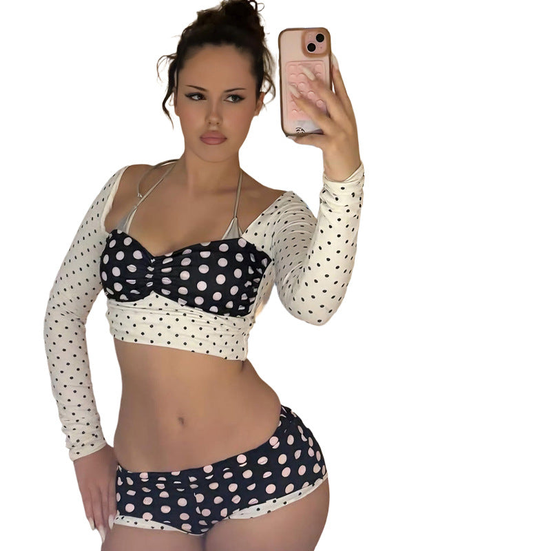 SXR K6S09043A summer hot girl midriff-baring top hip shorts contrast color polka dot set
