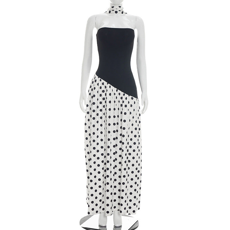 DZHT J26DS142 summer stitching polka dot halter ribbon tube top high slit dress