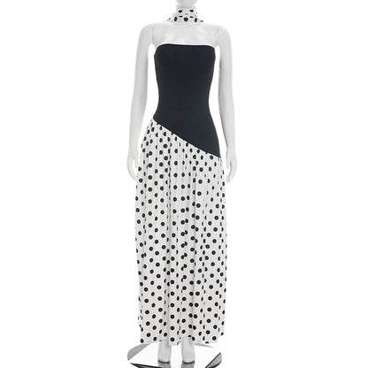 DZHT J26DS142 summer stitching polka dot halter ribbon tube top high slit dress