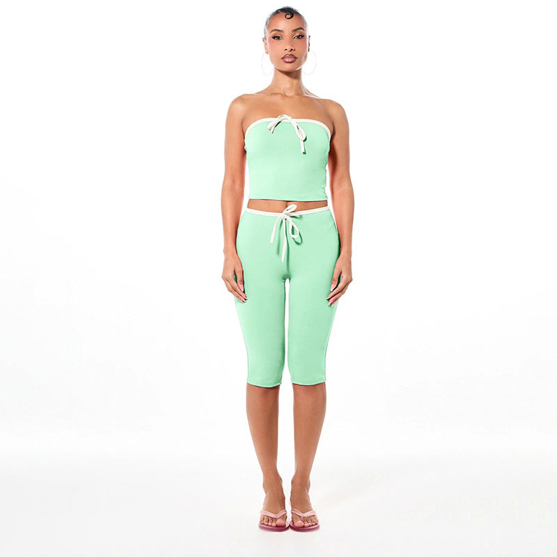 DZHT Q26ST074 sleeveless midriff-baring tube top tight cropped pants contrast color suit