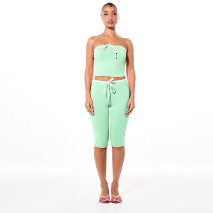 DZHT Q26ST074 sleeveless midriff-baring tube top tight cropped pants contrast color suit