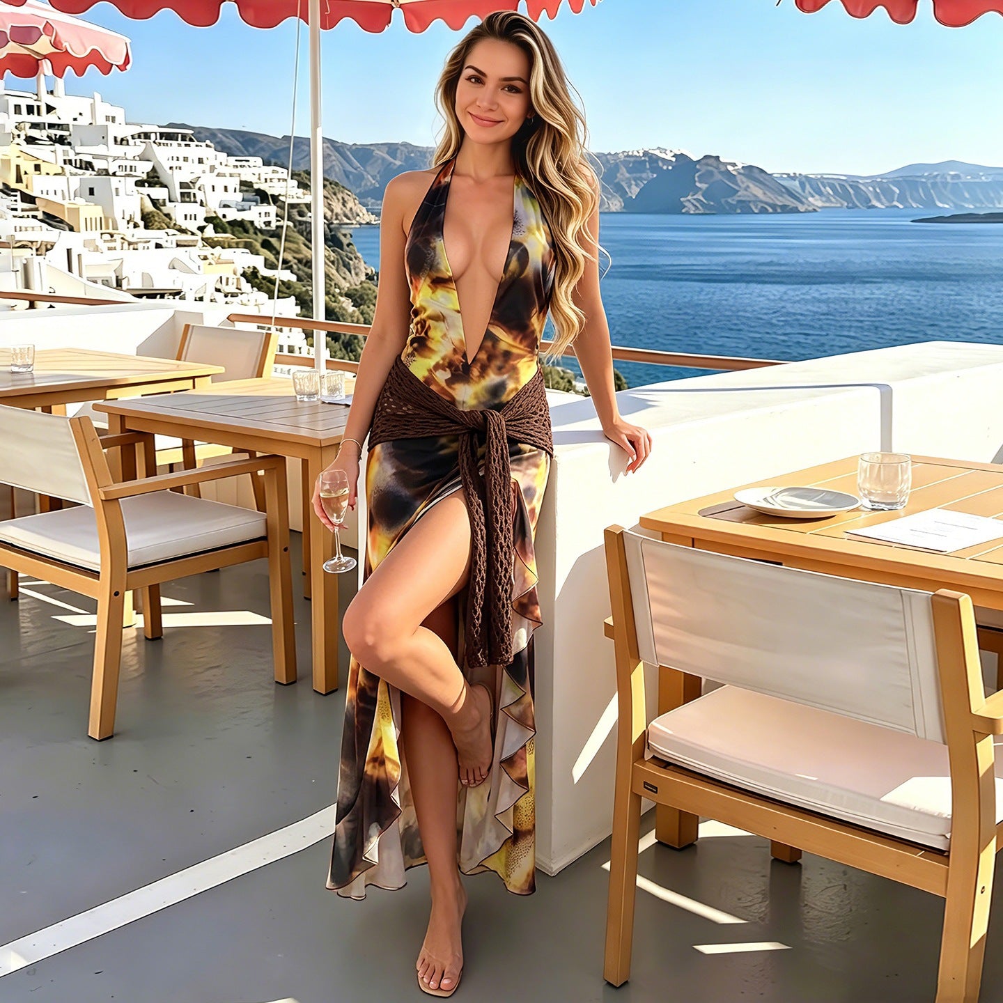 SXR K6D04212A spring and summer sexy backless deep V slit printed dress
