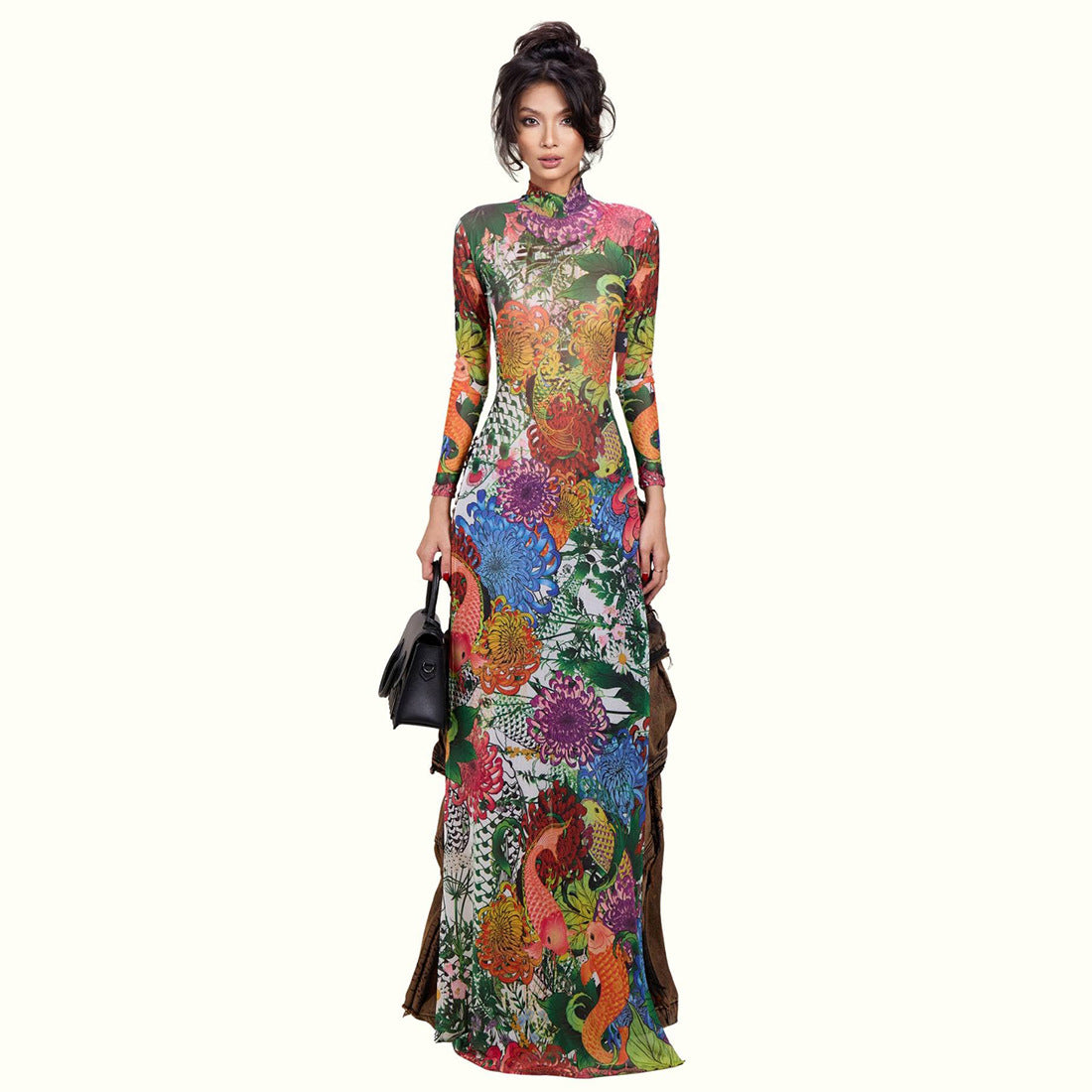 DLS Spring personalized plant print long sleeve half turtleneck high slit long shirt