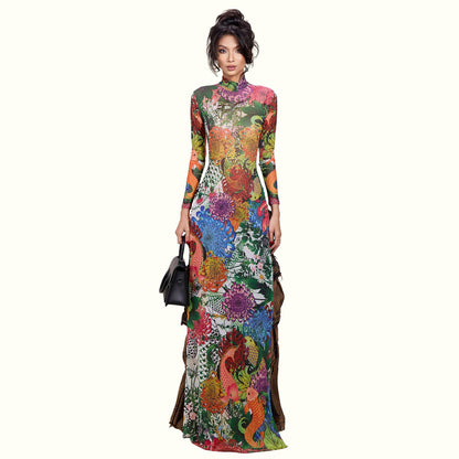 DLS Spring personalized plant print long sleeve half turtleneck high slit long shirt
