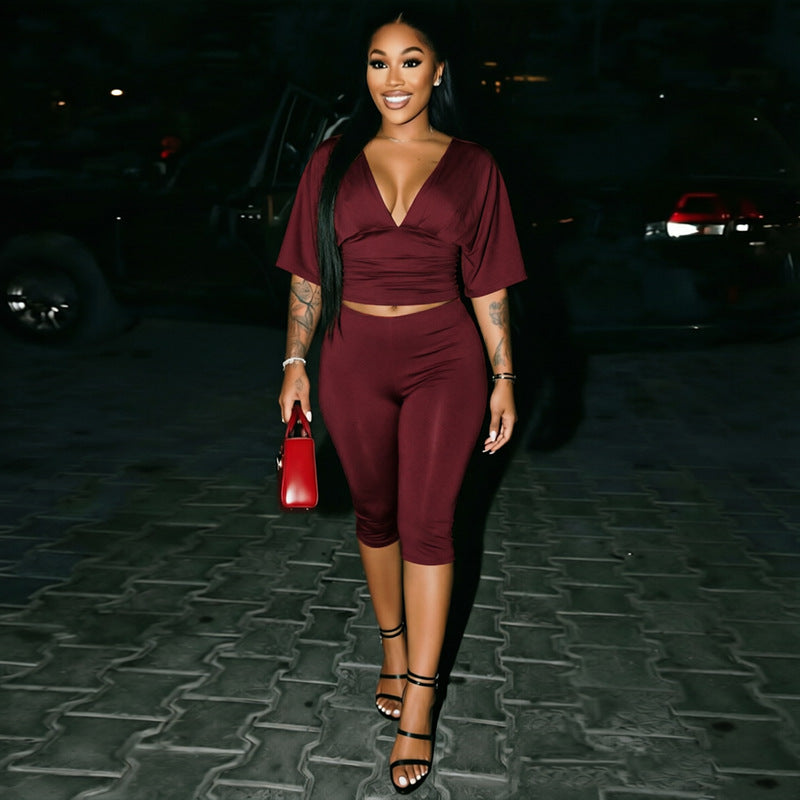 DZHT J26ST224V collar pleated half sleeve top tight cropped pants two-piece suit