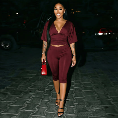 DZHT J26ST224V collar pleated half sleeve top tight cropped pants two-piece suit