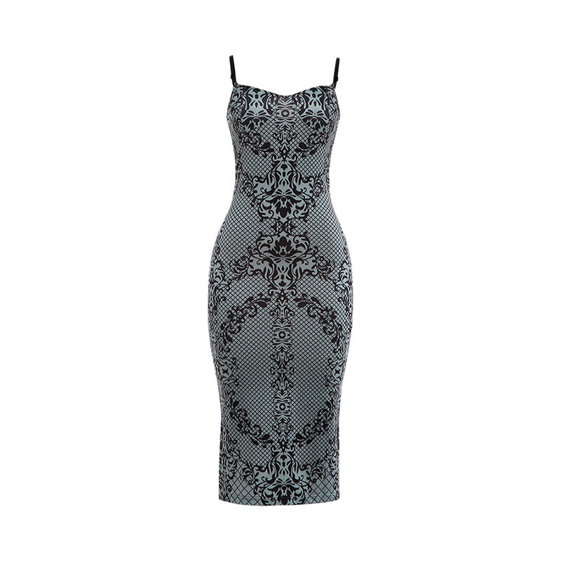 DLS Strappy low-cut backless print back slit slim-fit sexy dress