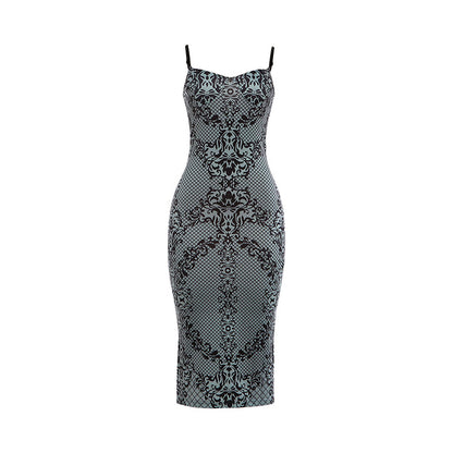 DLS Strappy low-cut backless print back slit slim-fit sexy dress