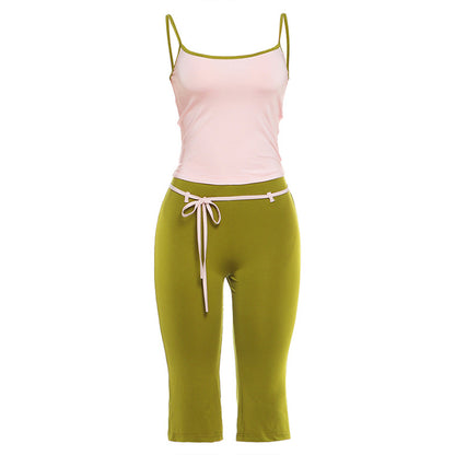 SXR K6S09860A summer slimming contrast color slim fit sling high waist tight fifth pants suit