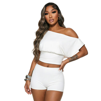 DZHT J26ST267 solid color slim fit fashion shoulder-baring short sleeve shorts suit