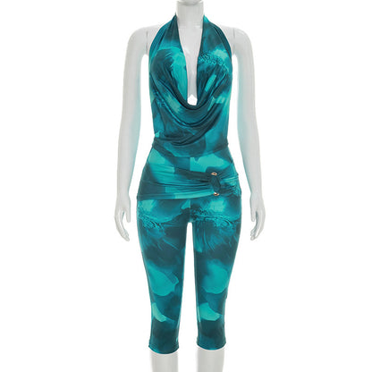 DZHT J26ST138 mesh lace-up backless halter spaghetti straps tight cropped pants two-piece suit