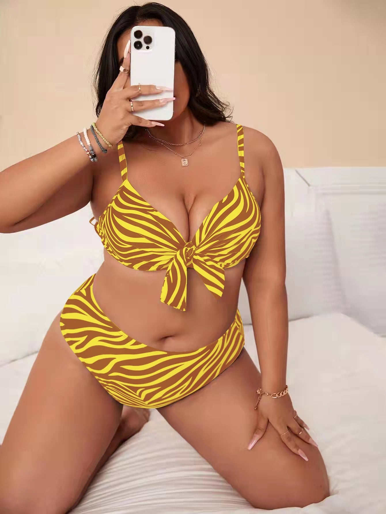 LF (L-4XL) women's split color printing swimsuit plus size