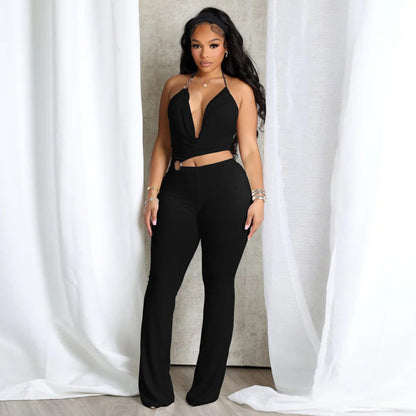 MYF (S-2XL) 10867 circle decorative halter midriff outfit jumpsuit