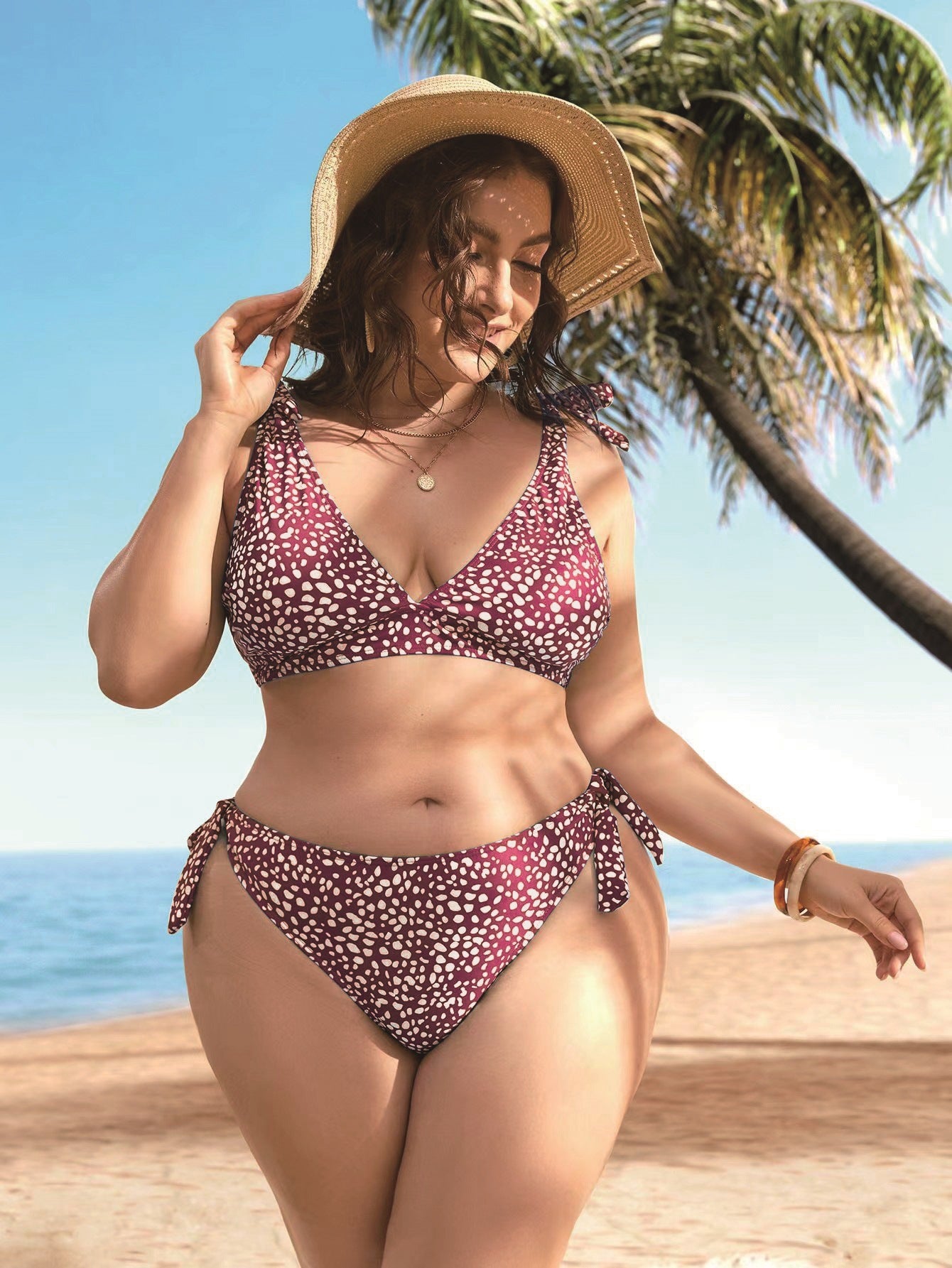 LF (L-4XL) women's split color printing swimsuit plus size