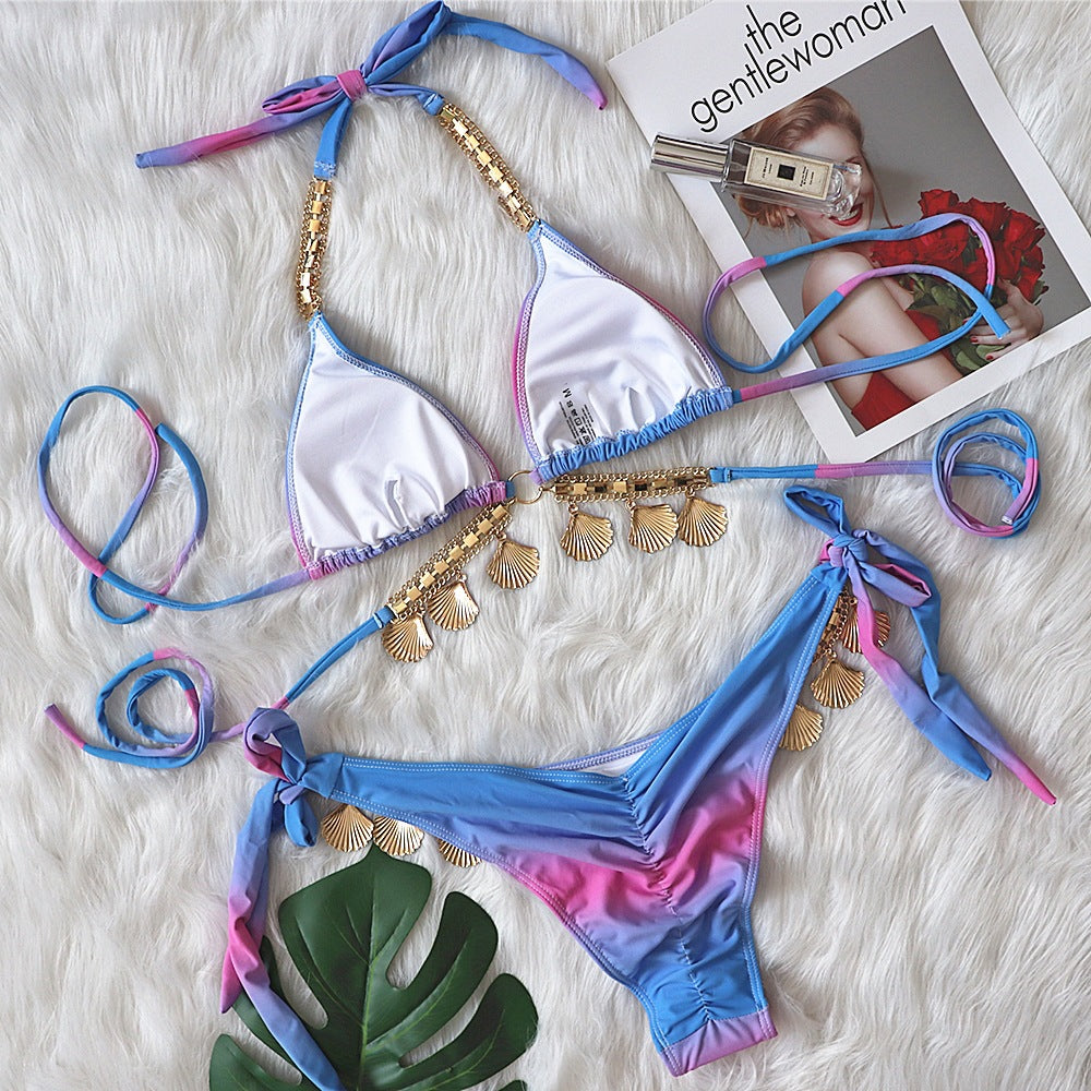 Sexy lace-up gradient printing women's split luxury crystal diamond bikini shell