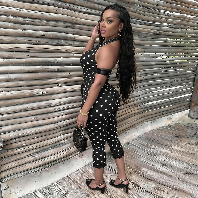 DZHT Q26JP118 polka dot halter backless rope waist lace jumpsuit