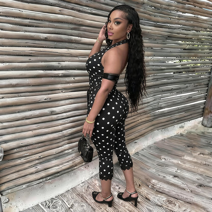 DZHT Q26JP118 polka dot halter backless rope waist lace jumpsuit