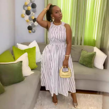 GY (S-3XL) S10782 striped round neck sleeveless backless cross shoulder strap waist-tight large swing dress