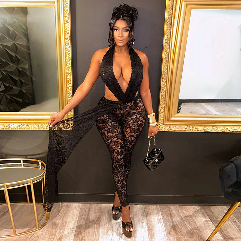 DZHT J25JP483 halter cut-out lace see-through backless lace jumpsuit
