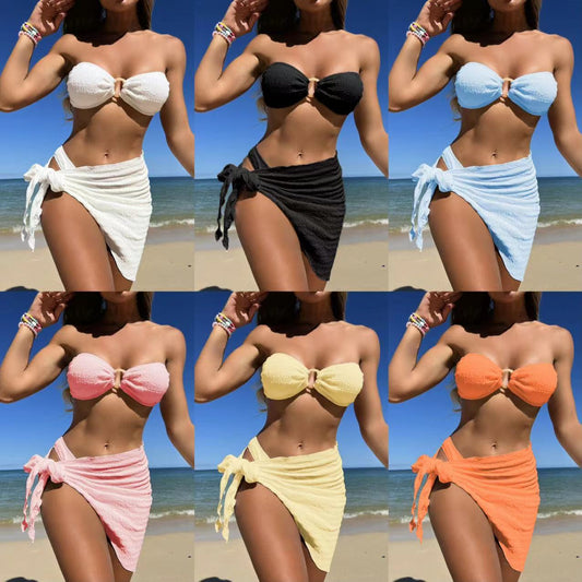(4 days ready to ship) SY textured cloth tube top three piece swimsuit bikini
