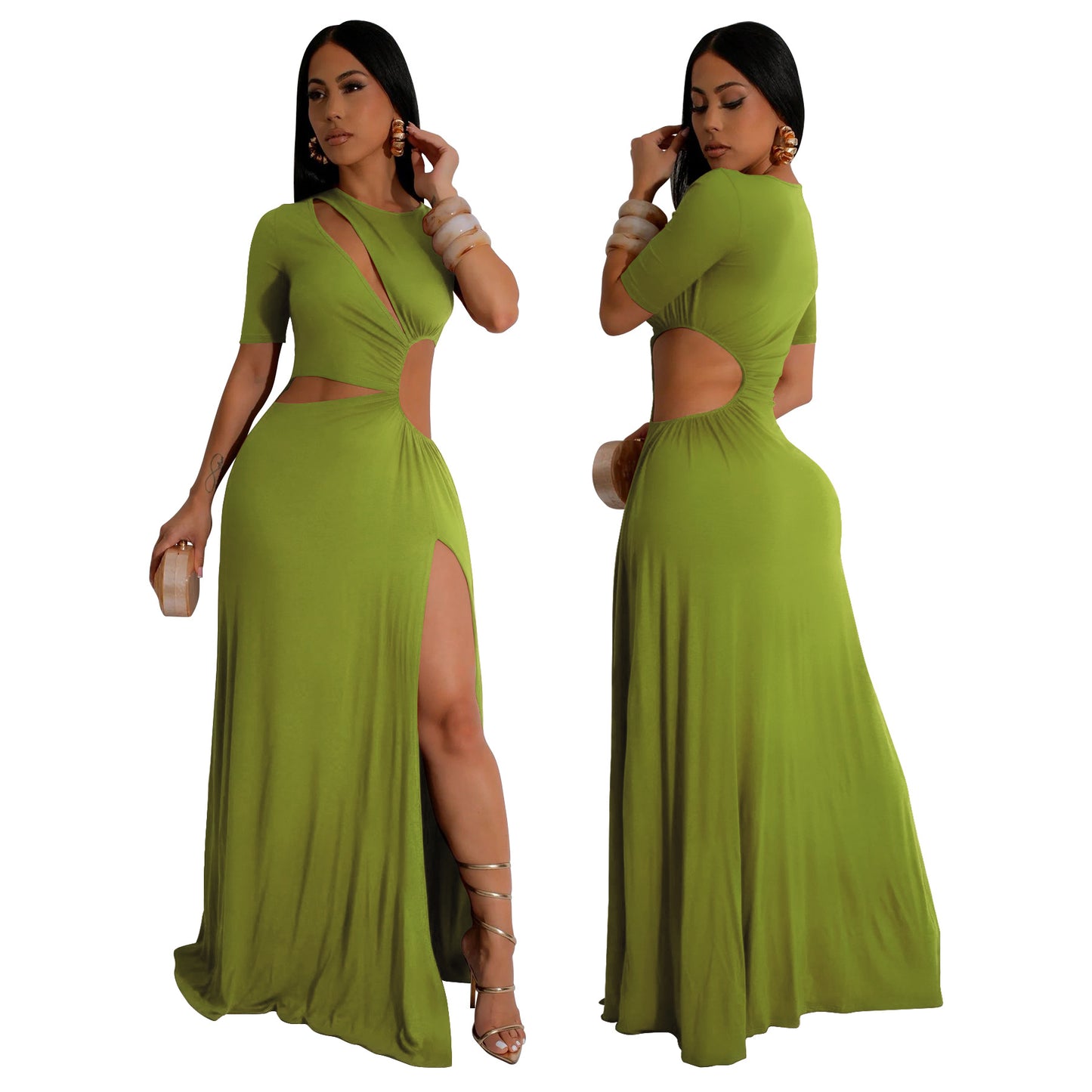 MYF (S-2XL) K10805 midriff outfit irregular long dress short sleeve dress