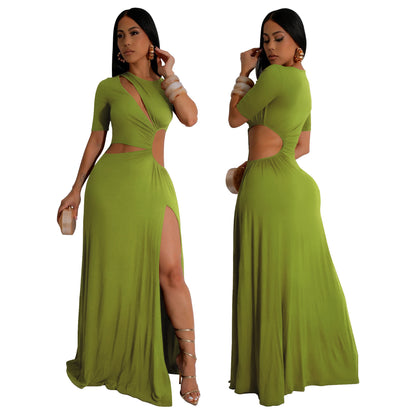 MYF (S-2XL) K10805 midriff outfit irregular long dress short sleeve dress